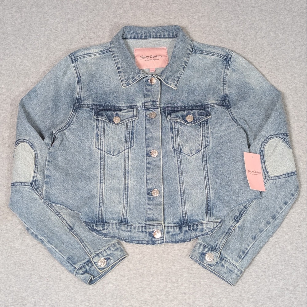 Juicy Couture Denim Trucker Jacket Womens Large Heart Elbows Distressed New